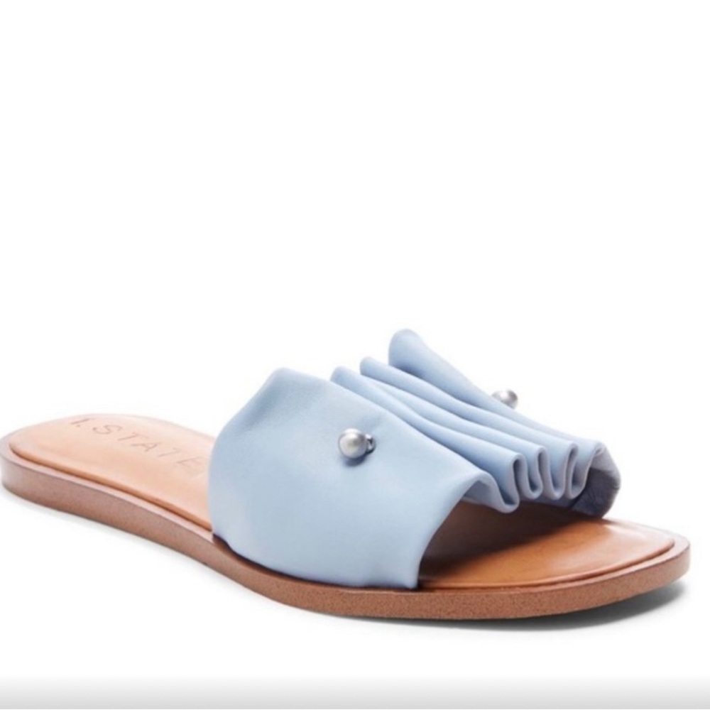 1.State Leather Slide Sandals, Blue Fann Ruched Size 7.5M in box